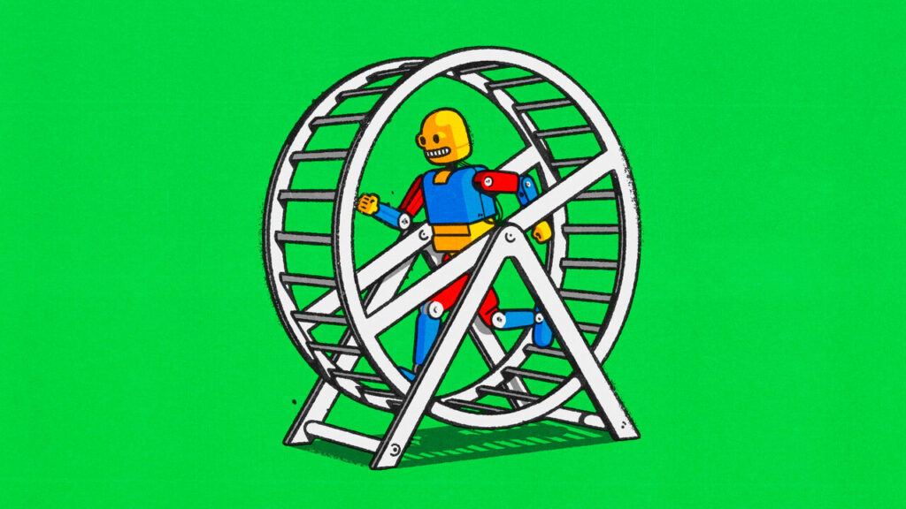 A colourful toy-like robot is walking inside a large exercise wheel. The wheel has a grey frame with ladder-style rungs, set against a bright green background