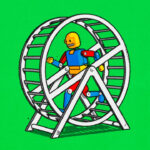 A colourful toy-like robot is walking inside a large exercise wheel. The wheel has a grey frame with ladder-style rungs, set against a bright green background