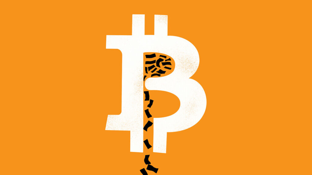 Minimal illustration of a cracked Bitcoin symbol on an orange background, with black fragments falling through the centre